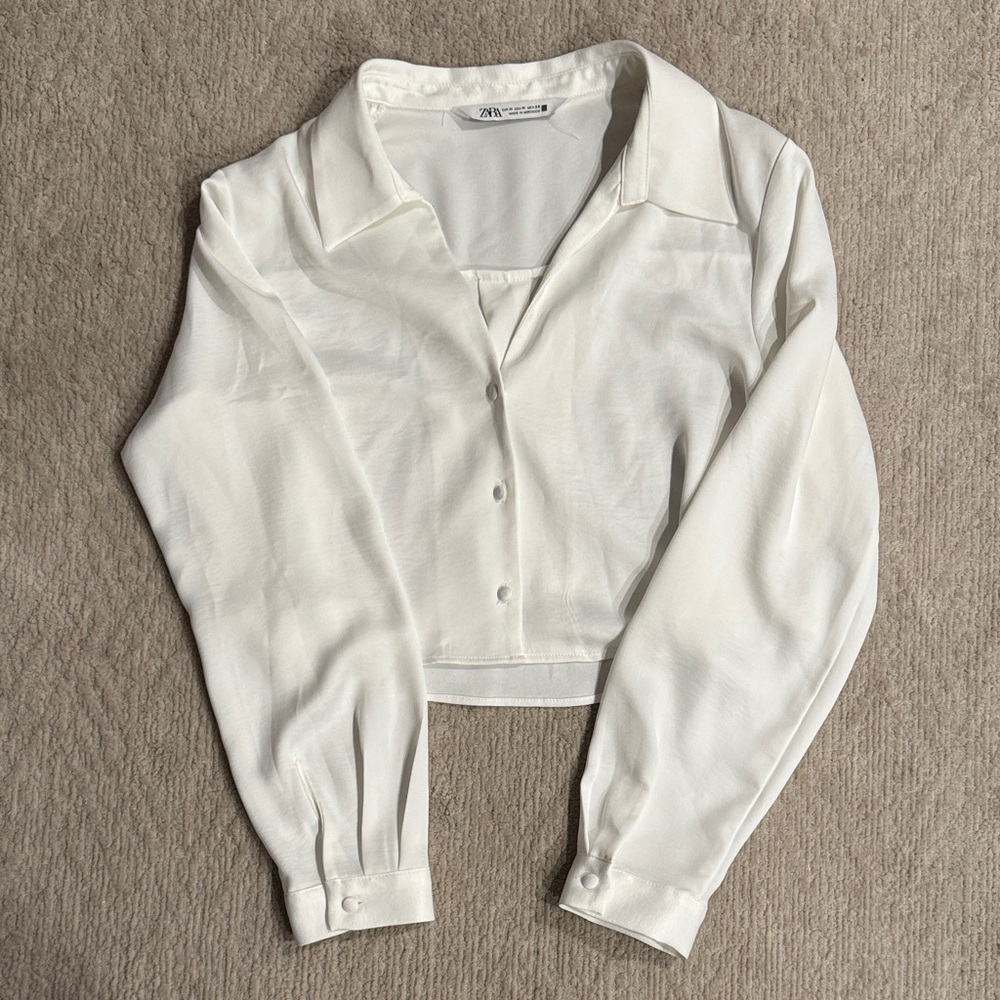 Zara Cropped White Button-Down Top